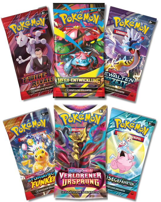 Pokemon 6 Booster Bundle Deutsch Premium Mix Set aus Karmesin & Pupur , Schwert & Schild + Mega Entwicklung